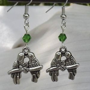 4/$25 ~ Silver Lovebird Green Crystal Earrings